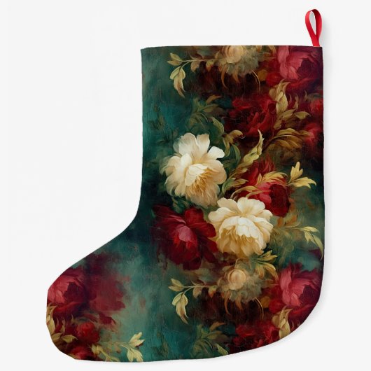 赤い白い緑の花 ラージクリスマスストッキング (裏面)