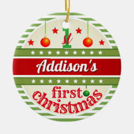 赤い白い緑/あなたのベビーの1初めてのクリスマス セラミックオーナメント