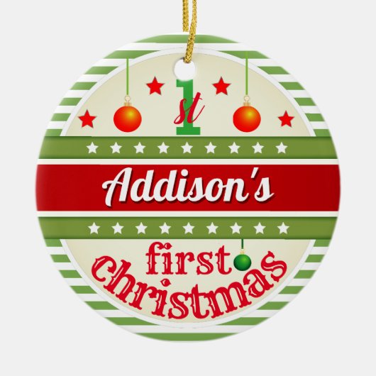 赤い白い緑/あなたのベビーの1初めてのクリスマス セラミックオーナメント (正面)