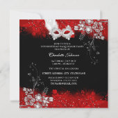 赤い白い羽のマスク仮装バースデーパーティー 招待状 (裏面)