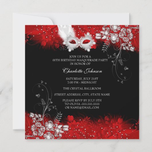 赤い白い羽のマスク仮装バースデーパーティー 招待状 (裏面)