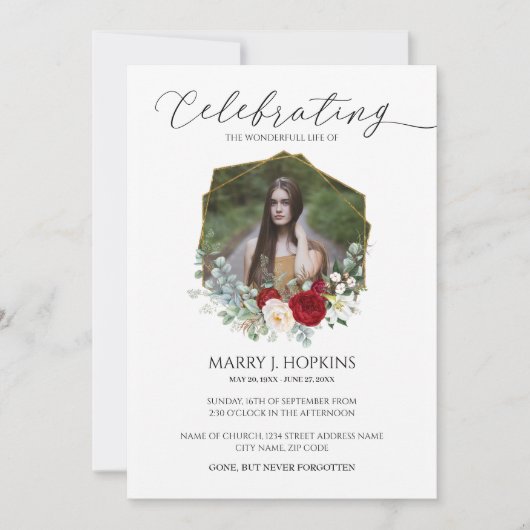 赤い白い花の写真お祝い 招待状 (正面)