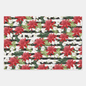 赤い白い花の白黒ストライプドット ラッピングペーパーシート (正面)