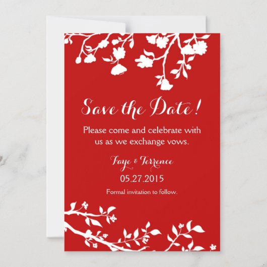 赤い白い花日付磁石を保存 マグネット招待状 (正面)