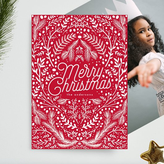 赤い白い葉と果実の写真のクリスマスなし シーズンカード