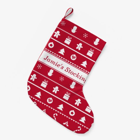 赤い白い醜いクリスマスセーターのアイコンパターン スモールクリスマスストッキング (正面 (吊り時))