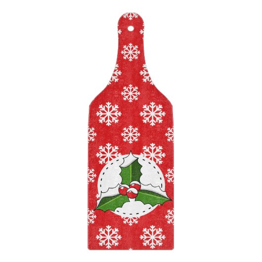 赤い白い雪の模様の上にホリーベリー カッティングボード (正面)