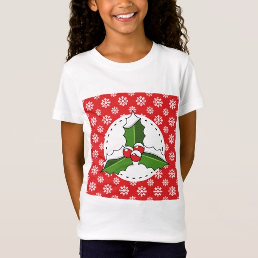 赤い白い雪の模様の上にホリーベリー Tシャツ (正面)