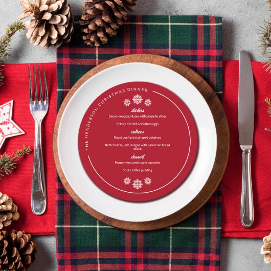 赤い白い雪の結晶の丸いクリスマス メニュー