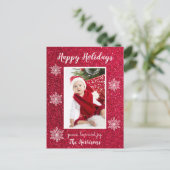 赤い白い雪の結晶フォトハッピー シーズンポストカード (スタンド正面)