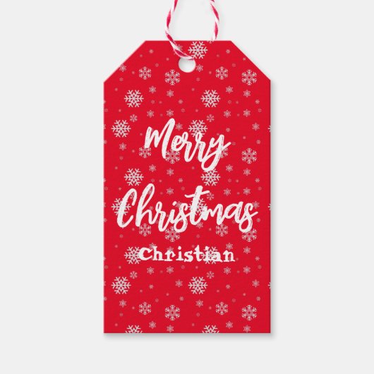 赤い白い雪の結晶メリーモダンクリスマス ギフトタグ (正面)