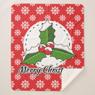 赤い白い雪片の上にホリーのパターン – メリークリスマス シェルパブランケット