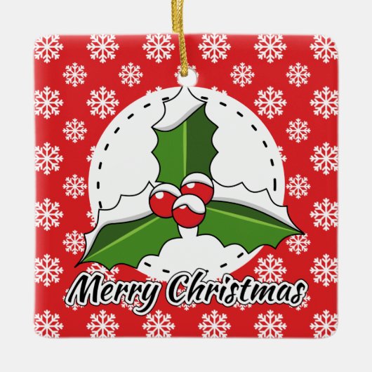 赤い白い雪片の上にホリーのパターン – メリークリスマス セラミックオーナメント (正面)