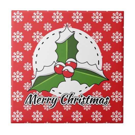 赤い白い雪片の上にホリーのパターン – メリークリスマス タイル (正面)