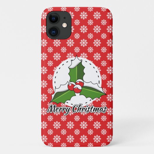赤い白い雪片の上にホリーのパターン – メリークリスマス Case-Mate iPhoneケース (裏面)