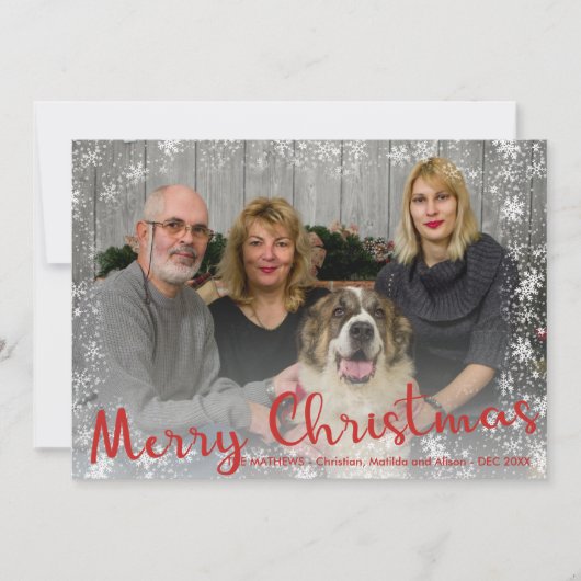 赤い白い雪片の素朴なメリークリスマススクリプト シーズンカード (正面)