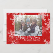 赤い白い雪片ミニマリストのクリスマスフォト シーズンカード (正面)