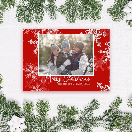 赤い白い雪片ミニマリストのクリスマスフォト シーズンカード