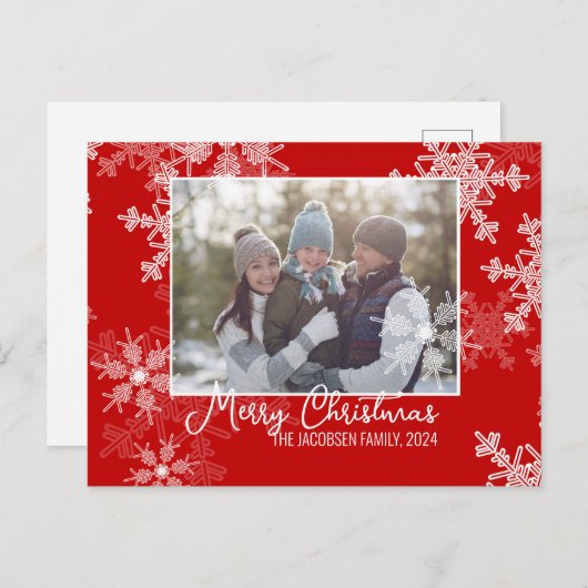 赤い白い雪片ミニマリストのクリスマスフォト シーズンポストカード (正面/裏面)