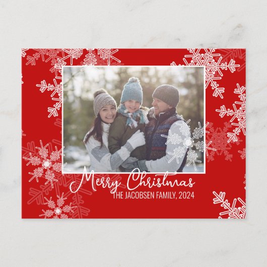 赤い白い雪片ミニマリストのクリスマスフォト シーズンポストカード (正面)