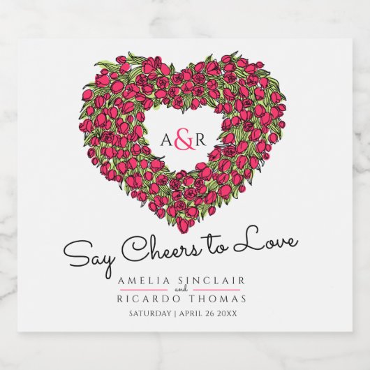 赤い白い黒の入ったチューリップハート結婚ブーケ スパークリングワインラベル (シングルラベル)