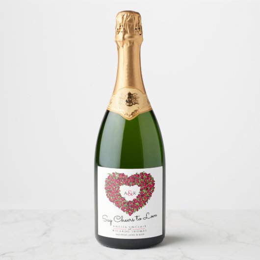 赤い白い黒の入ったチューリップハート結婚ブーケ スパークリングワインラベル (正面)