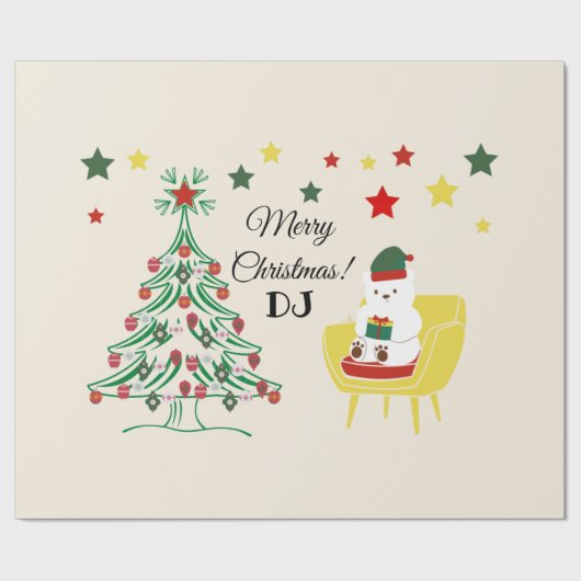 赤い白かわいいクマの木の星メリークリスマス ラッピングペーパー (フラット)