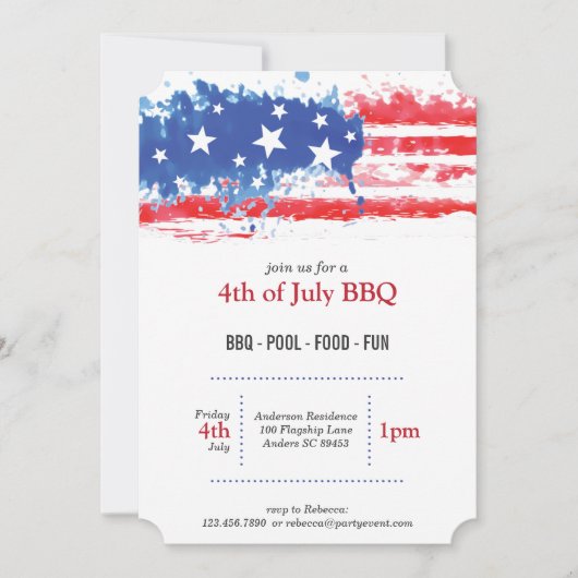 赤い白く及び青の（ばちゃばちゃ）跳ねるの米国旗 招待状 (正面)