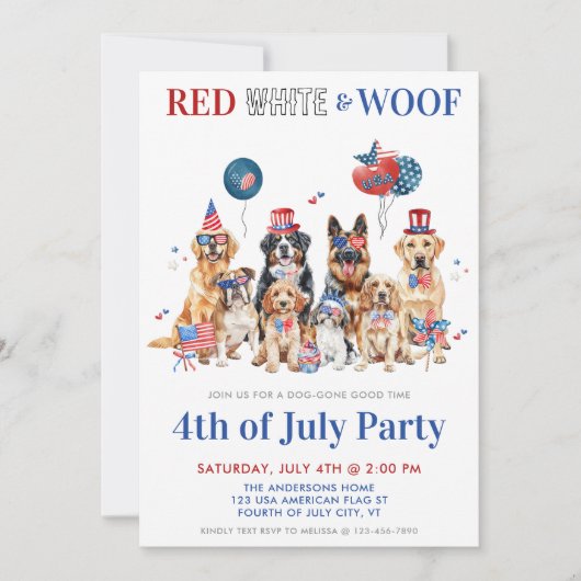 赤い白とウーフおもしろい愛国犬7月4日 招待状 (正面)