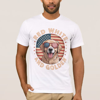 赤い白とゴールデンレトリバー犬の愛国心 Tシャツ