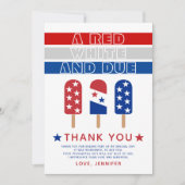 赤い白とデューズ7月4日の赤ちゃんシャワー サンキューカード (正面)