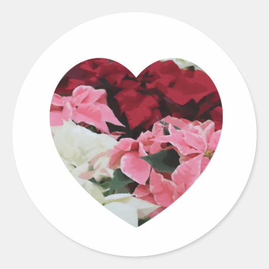 赤い白とピンクの冬のポインセチアハート ラウンドシール (正面)