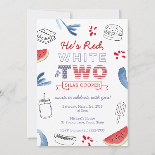 赤い白と二つのアウトドア2nd誕生日パーティー 招待状 (正面)