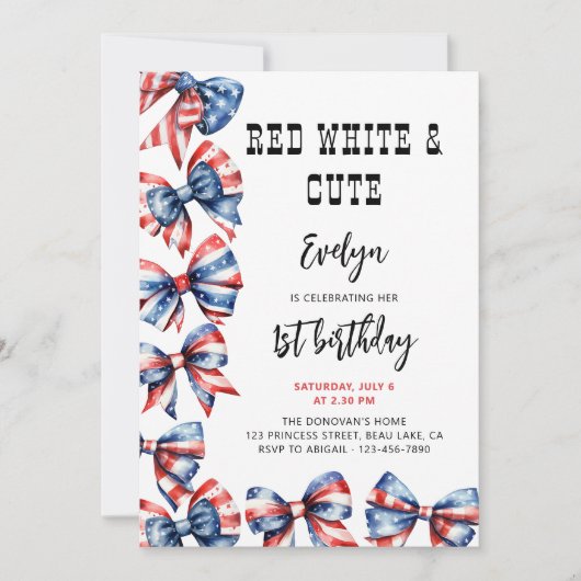 赤い白と可愛い弓任意の年齢子供の誕生日 招待状 (正面)