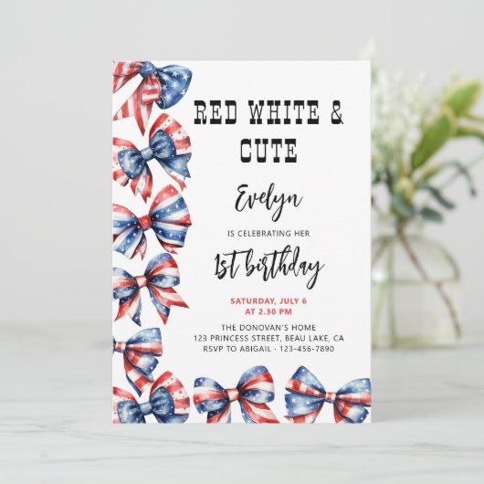 赤い白と可愛い弓任意の年齢子供の誕生日 招待状 (スタンド正面)