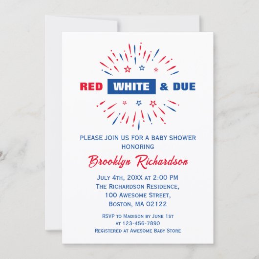 赤い白と正当な愛国心を持つ7月の赤ちゃんシャワー 招待状 (正面)