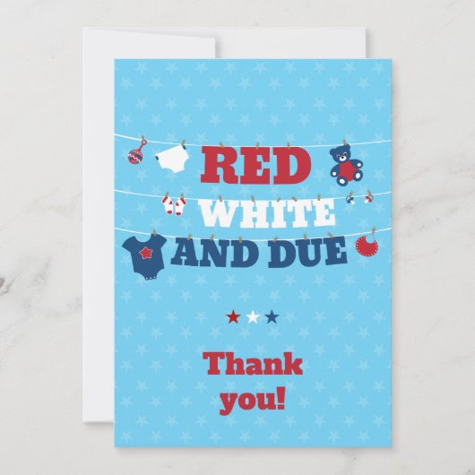 赤い白と赤ちゃんのシャワーの洗濯ライン7月4日 サンキューカード (正面)