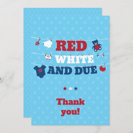 赤い白と赤ちゃんのシャワーの洗濯ライン7月4日 サンキューカード (正面/裏面)