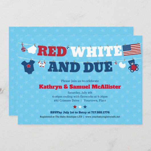赤い白と赤ちゃんのシャワーの洗濯ライン7月4日 招待状 (正面/裏面)