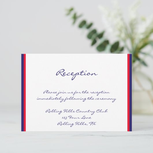 赤い白と青のウェディングレセプション エンクロージャーカード (スタンド正面)