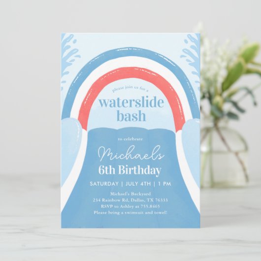 赤い白と青のウォータースライドバッシュサマー誕生日 招待状 (スタンド正面)