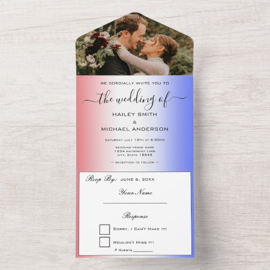 赤い白と青のグラデーション写真結婚の オールインワン招待状 (内側)