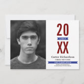 赤い白と青のストライプ写真卒業 招待状 (正面)