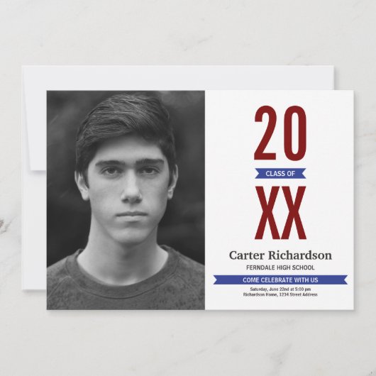 赤い白と青のストライプ写真卒業 招待状 (正面)