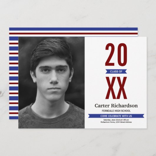 赤い白と青のストライプ写真卒業 招待状 (正面/裏面)