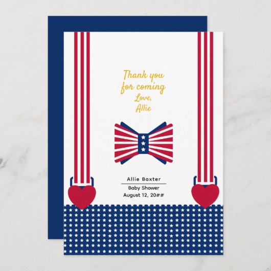 赤い白と青のストライプ7月の赤ちゃんシャワー4日 サンキューカード (正面/裏面)