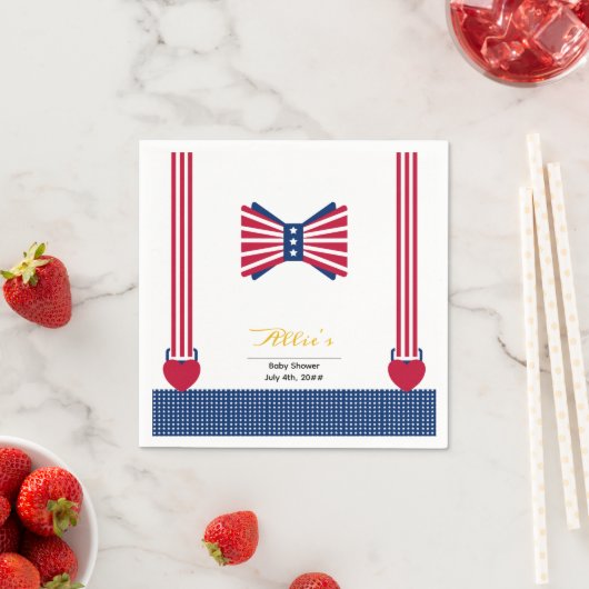 赤い白と青のストライプ7月の赤ちゃんシャワー4日 スタンダードカクテルナプキン (インサイチュ)