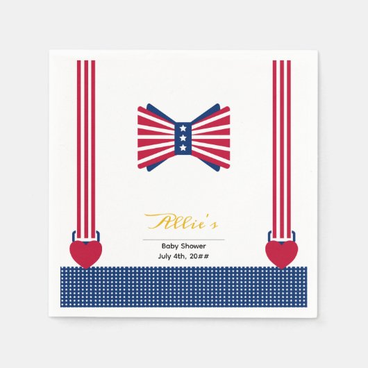 赤い白と青のストライプ7月の赤ちゃんシャワー4日 スタンダードカクテルナプキン (正面)