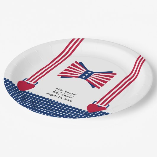 赤い白と青のストライプ7月の赤ちゃんシャワー4日 ペーパープレート (アングル)