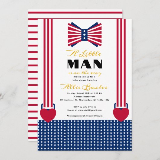 赤い白と青のストライプ7月の赤ちゃんシャワー4日 招待状 (正面/裏面)